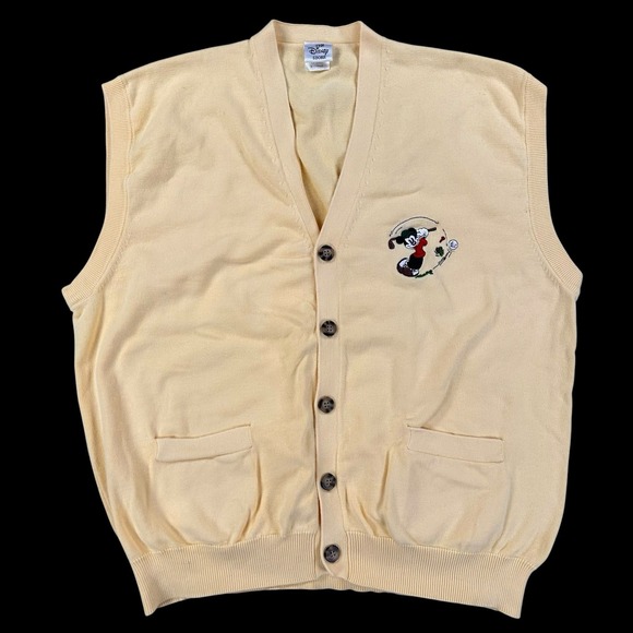 The Disney Store Men's XL Button Cardigan Sweater‎ Yellow Golfing Mickey Mouse - Picture 1 of 7